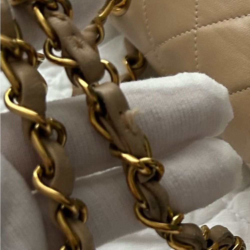 Beige Quilted Leather Shoulder Bag with Chain Strap - Picture 14 of 14
